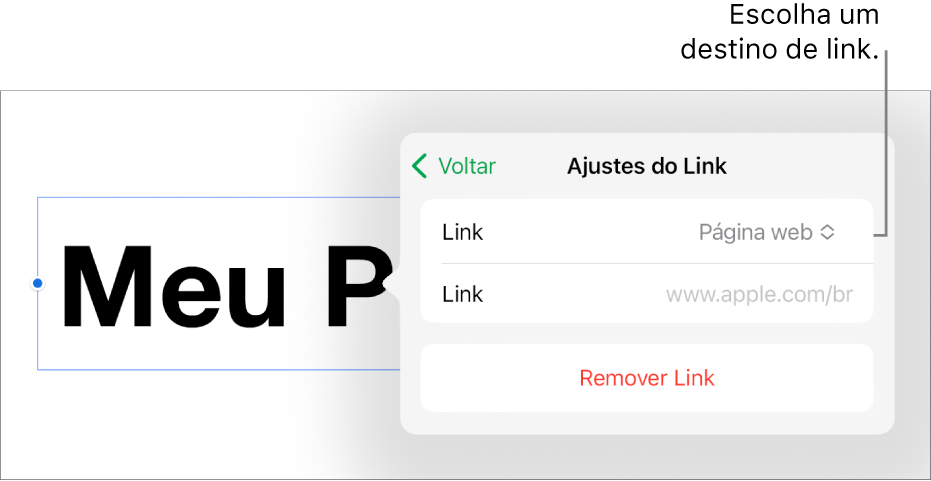 Controles de “Ajustes do Link” com “Página Web” selecionado e o botão “Remover Link” na parte inferior.