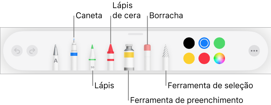 As barra de ferramentas de desenho com uma caneta, lápis, lápis de cera, ferramenta de preenchimento, borracha, ferramenta de seleção e o seletor de cores a apresentar a cor atual. Na extremidade direita encontra-se o botão de menu Mais.