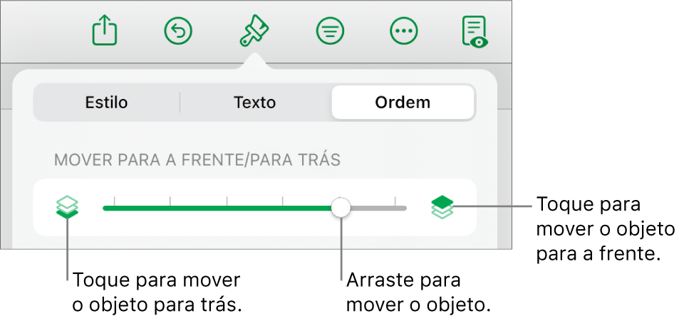 O botão Mover para trás, o botão Mover para a frente e o nivelador da camada.