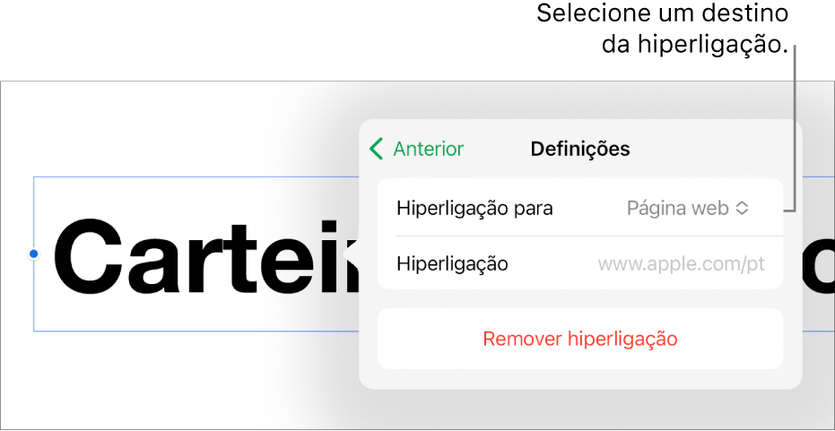 Os controlos de Definições com a página web selecionada e o botão Remover hiperligação na parte inferior.
