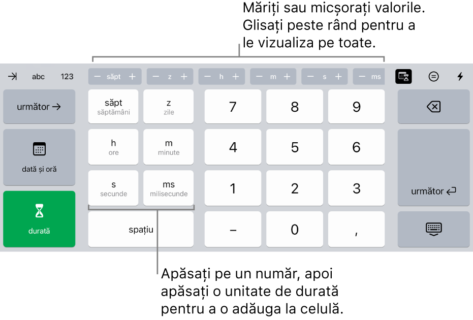 Tastatura durată cu butoanele în partea centrală superioară care afișează unități de timp (săptămâni, zile și ore) pe care le puteți incrementa pentru a schimba valoarea în celulă. Pe stânga se află taste pentru săptămâni, zile, ore, minute, secunde și milisecunde. Tastele numerice sunt în centrul tastaturii.