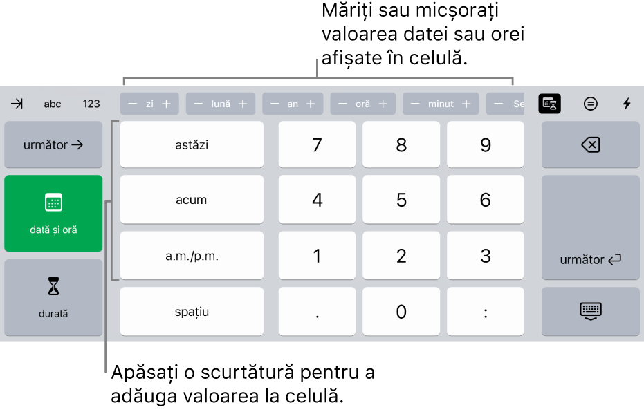 Tastatura dată și oră. Butoanele din partea de sus afișează unitățile de timp (lună, zi, an și oră) pe care le puteți incrementa pentru a schimba valoarea afișată în celulă. Pe stânga se află tastele pentru comutarea între tastatura pentru dată și oră și cea pentru durată, iar în centrul tastaturii sunt taste numerice.