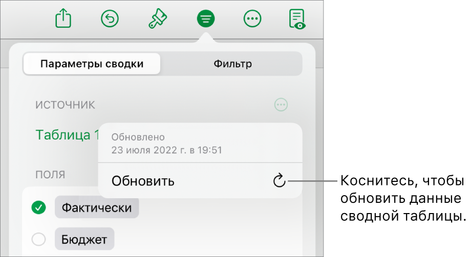 Меню «Параметры сводки», отображающее параметр обновления сводной таблицы.