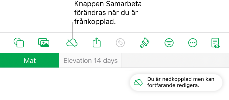 Knapparna överst på skärmen med knappen Samarbete ändrad till ett moln med ett diagonalt streck genom det. Ett meddelande på skärmen säger Du är nedkopplad men kan fortfarande redigera.