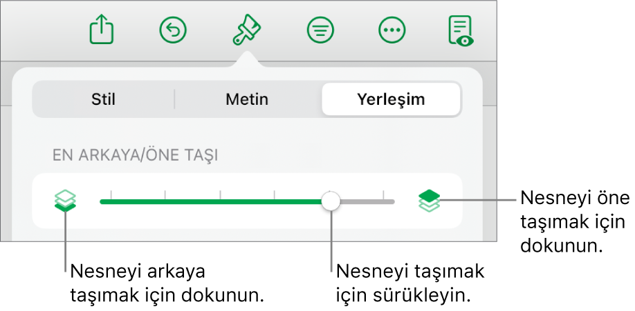 Geri Taşıma düğmesi, İleri Taşıma düğmesi ve katmanlama sürgüsü.