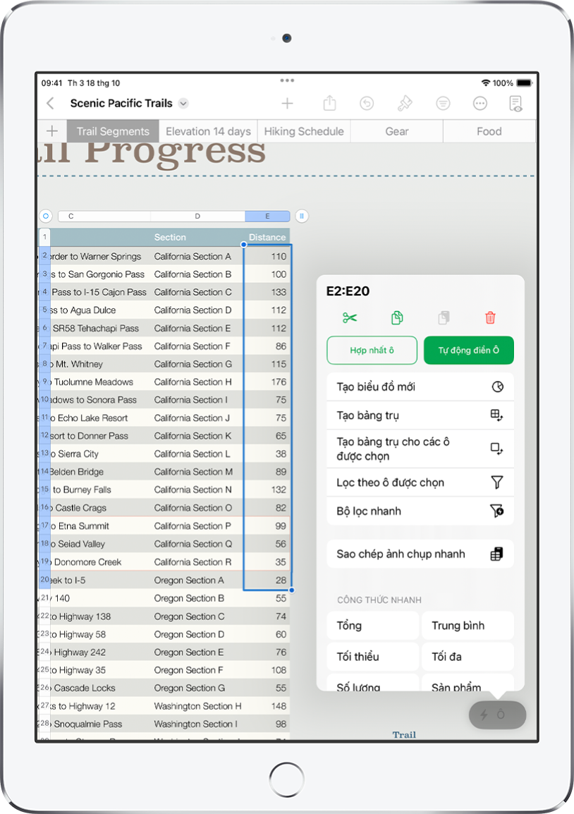Bảng tính đang hiển thị một bảng các quãng đường đã đi bộ cũng như khoảng cách của từng quãng đường. Menu Tác vụ ô được mở, đang hiển thị các tùy chọn để thêm các công thức, ngày, nhận xét và bộ lọc.