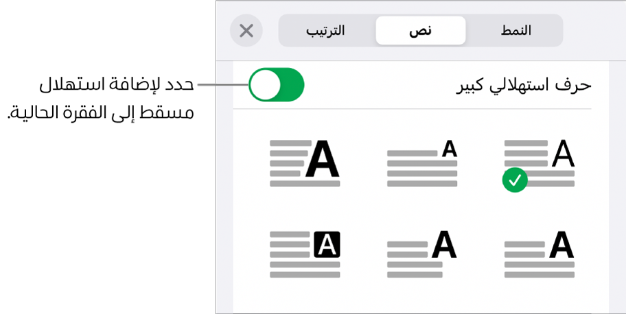 عناصر التحكم في الاستهلال المسقط الموجودة في الجزء السفلي من قائمة النص.