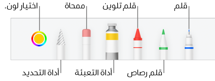 شريط أدوات الرسم في Numbers على iPhone وبه قلم وقلم رصاص وقلم تلوين وأداة تعبئة وممحاة وأداة تحديد وعلبة ألوان تعرض اللون الحالي.