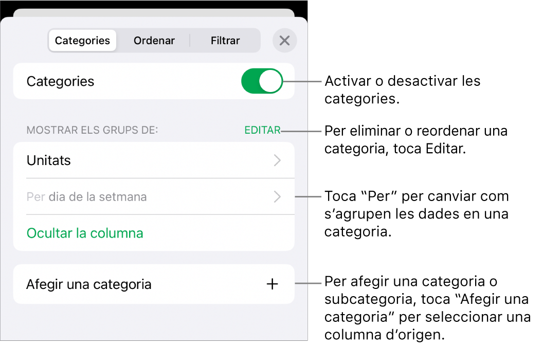 Menú Categories de l’iPhone amb opcions per desactivar categories, eliminar categories, agrupar dades, ocultar la columna d’origen i afegir categories.