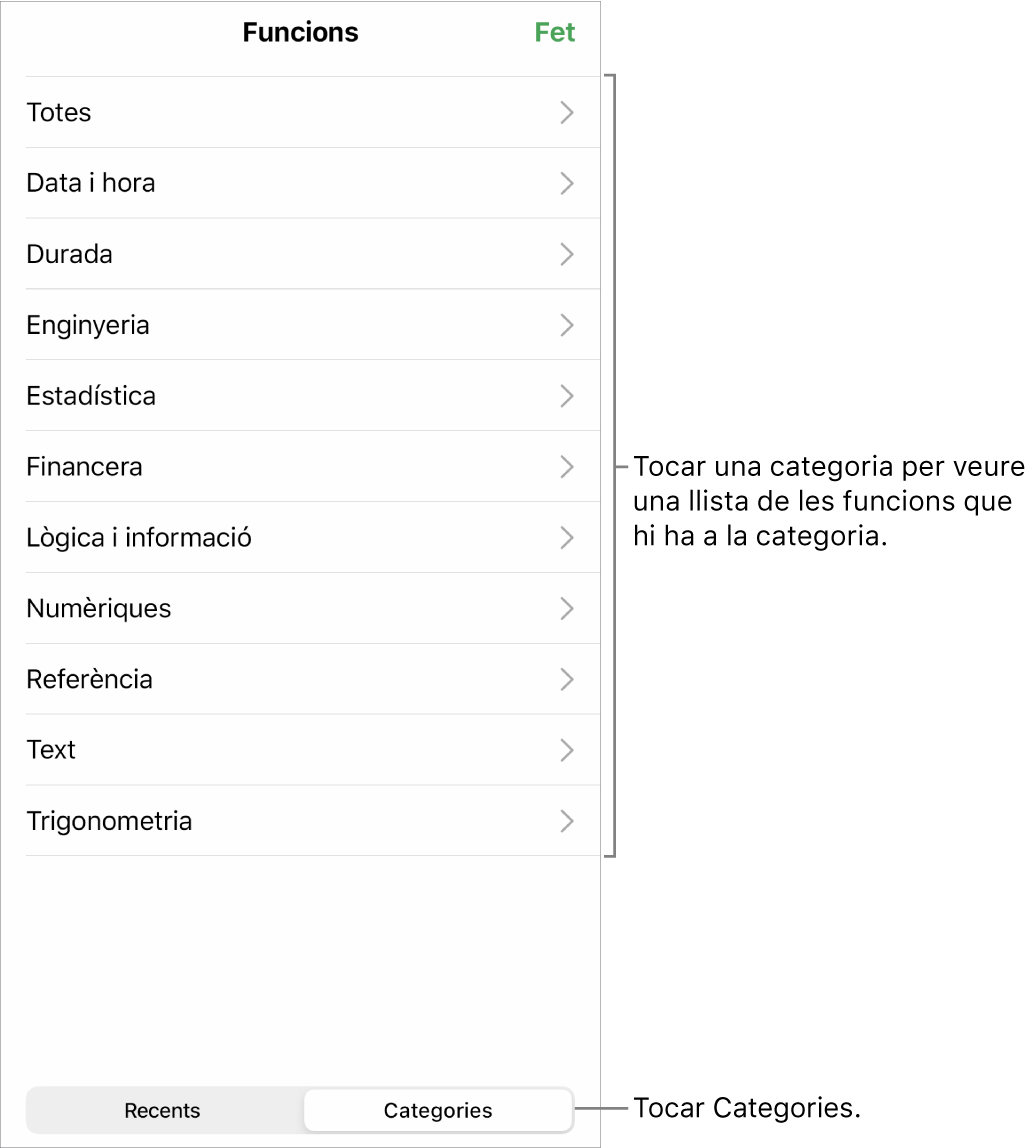 Explorador de funcions amb una crida al botó Categories i la llista de categories.