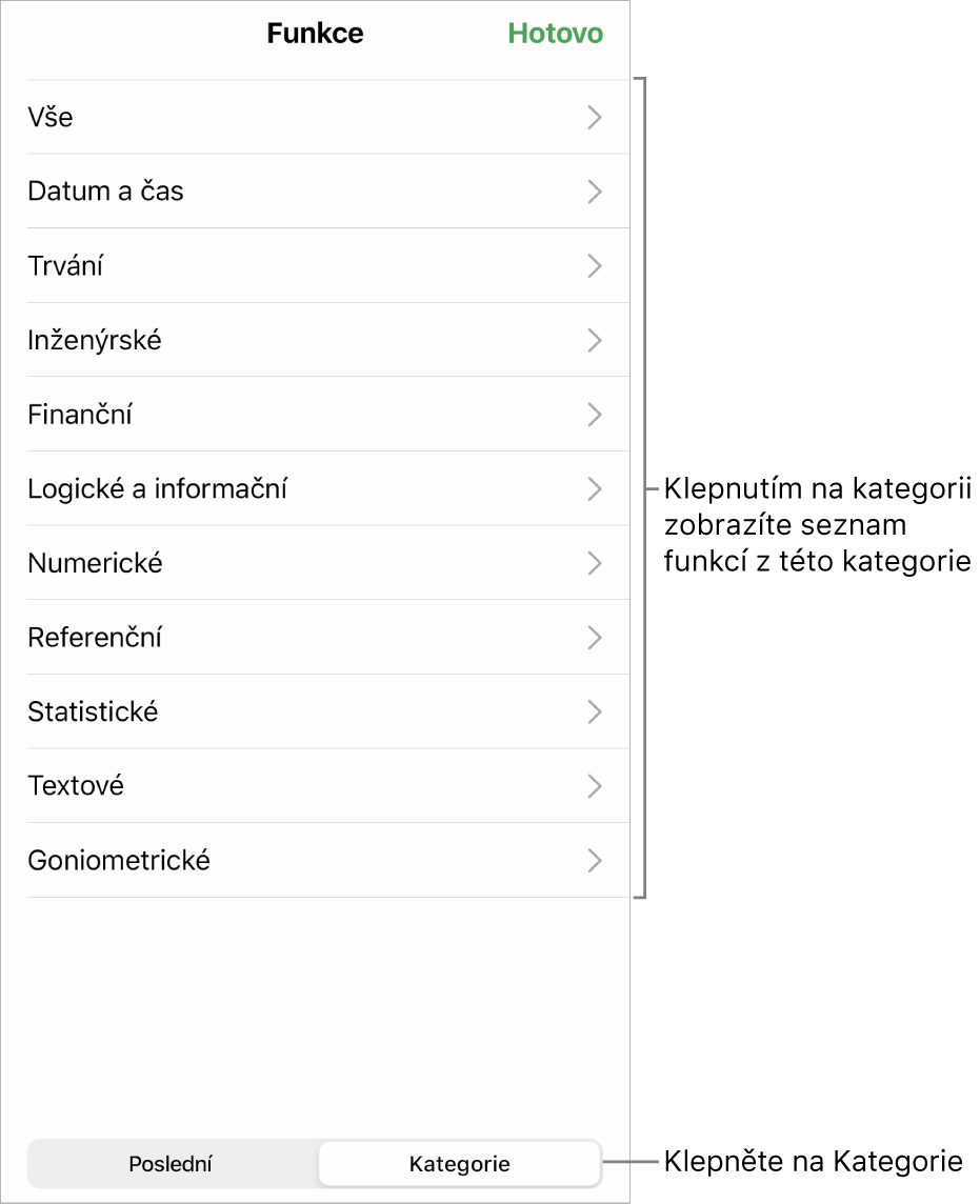 Prohlížeč funkcí s popiskem tlačítka Kategorie a seznamu kategorií