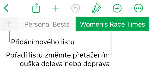 Panel se štítky listů pro přidání nových listů, navigaci, změnu pořadí a uspořádání listů