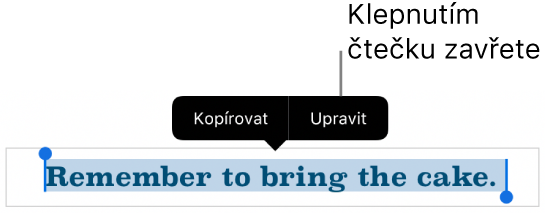 Je vidět vybraná věta; nad ní se nachází místní nabídka s tlačítky Kopírovat a Upravit