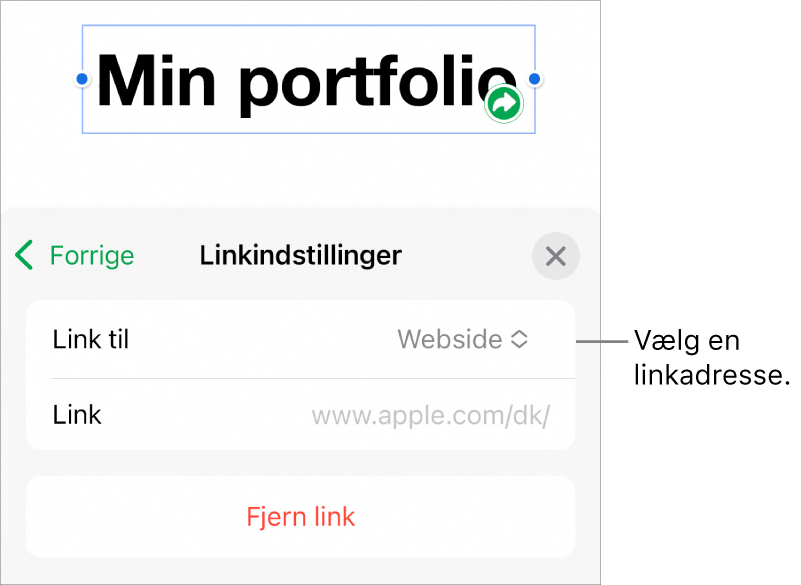 Link-værktøjet med websiden er valgt, med knapperne Fjern og Åbn Link i bunden.
