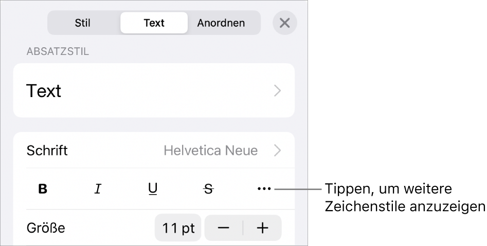 Die Steuerelemente für das Format mit Absatzstilen oben, dann die Steuerelemente für die Schrift. Unter „Schrift“ befinden sich die Tasten „Fett“, „Kursiv“, „Unterstrichen“, „Durchgestrichen“ und „Weitere Textoptionen“.