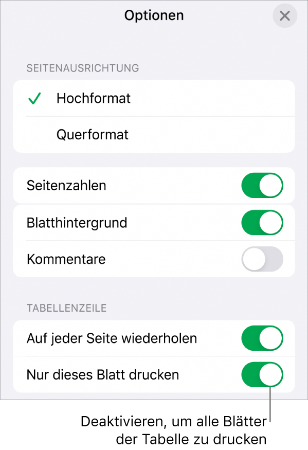 Druckoptionen zum Auswählen von Papierformat, Anzeigen von Seitenzahlen und Tabellentiteln und Auswählen der Papiergröße und welche Seiten gedruckt werden sollen.