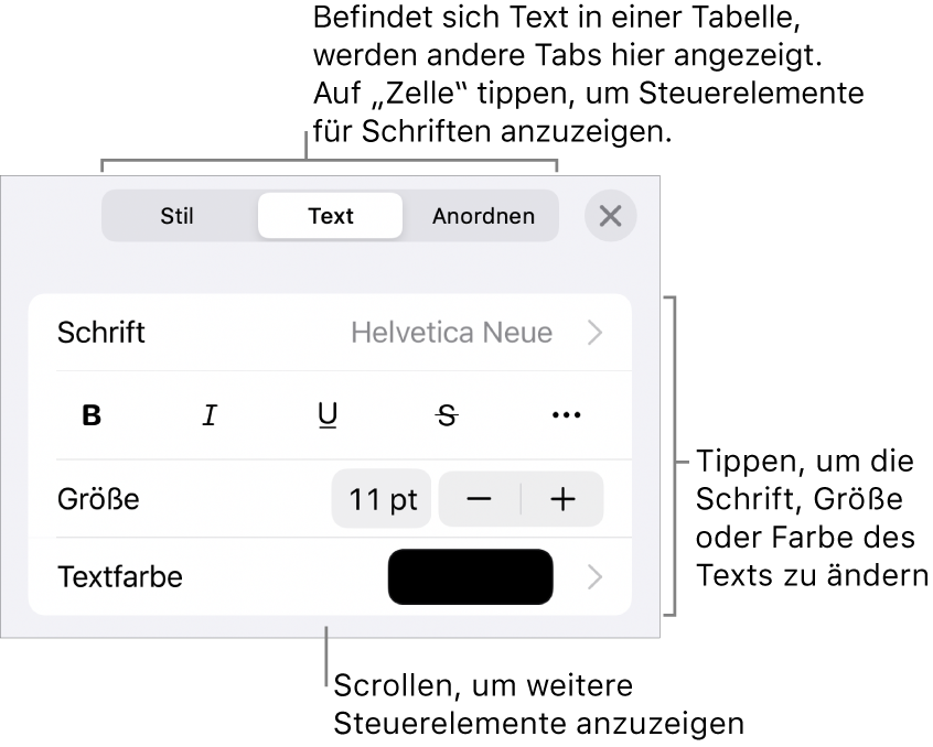 Textsteuerelemente im Menü „Format“ zum Festlegen von Absatz- und Zeichenstilen, Schrift, Größe und Farbe