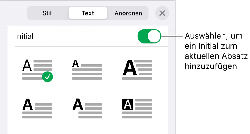 Die Steuerelemente für das Initial befinden sich unten im Menü „Text“.