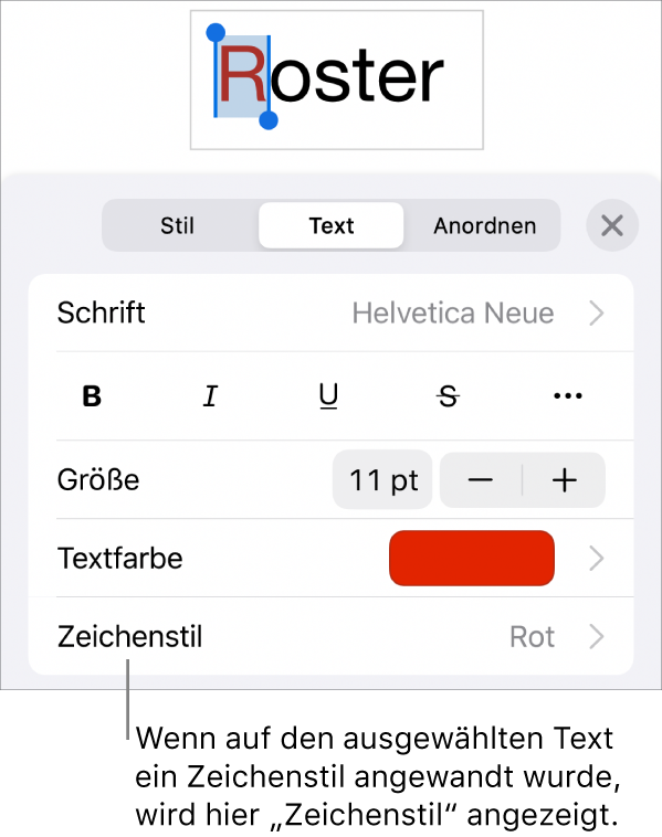 Die Steuerelemente für die Textformatierung mit „Zeichenstil“ unter den Farbsteuerungen Der Zeichenstil „Ohne“ mit einem Stern