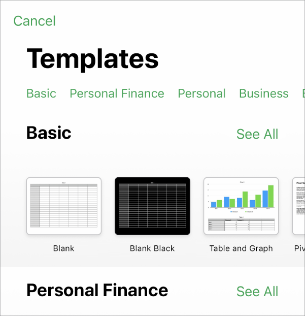 The template chooser, showing a row of categories across the top that you can tap to filter the options. Below are thumbnails of pre-designed templates arranged in rows by category.