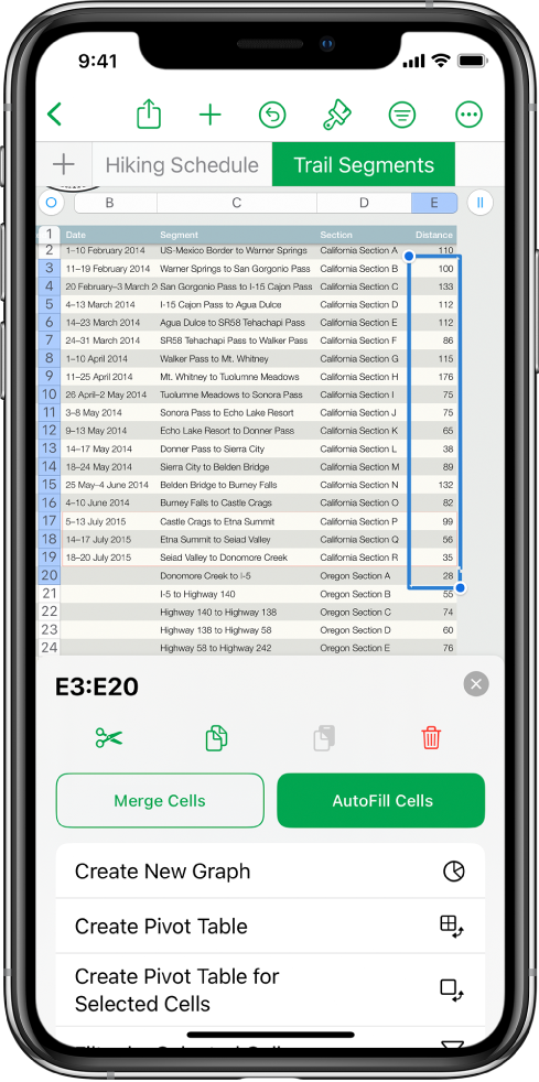 A spreadsheet showing a table of tracks hiked and the distance of each track. The Cell Action menu is open, showing options to add today’s date, the current time, and edit the formula in the selected cell.