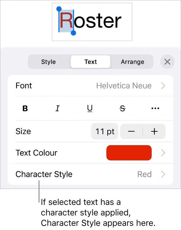 The Text formatting controls with Character Style below the Colour controls. The character style None appears with an asterisk.