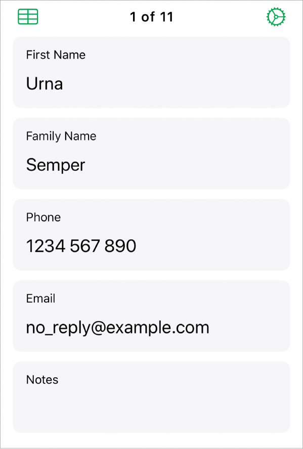 One record in a form with fields for name, phone number, email and more. Also, controls to view the linked table, form set-up mode and switch between records are shown.