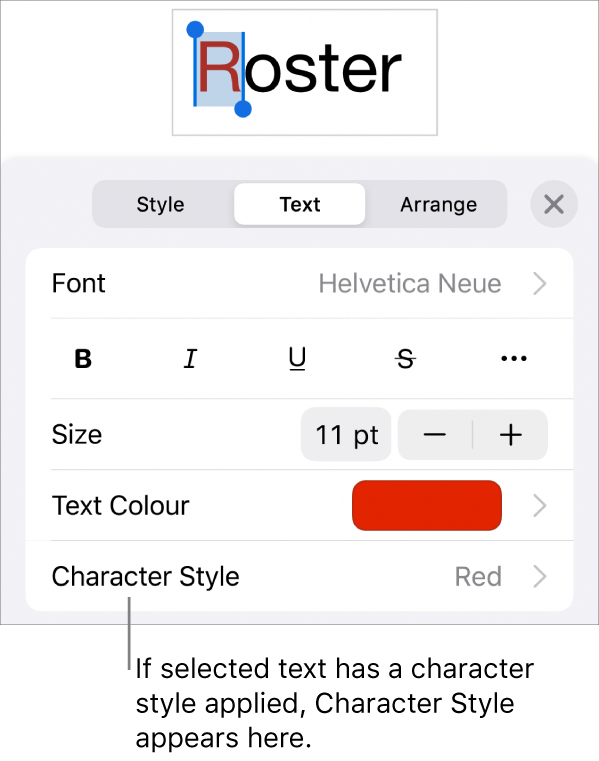 The Text formatting controls with Character Style below the Colour controls. The character style None appears with an asterisk.