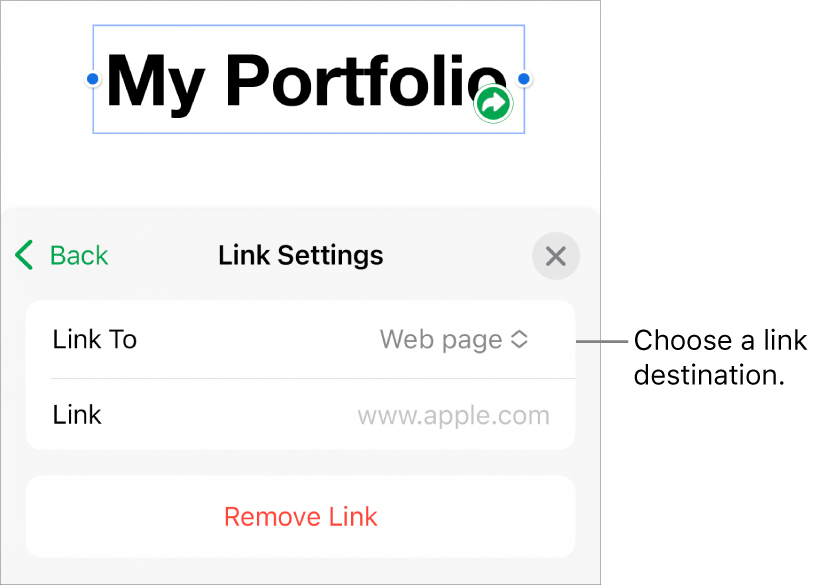 The Link Settings controls with Web Page selected and the Remove Link button at the bottom.