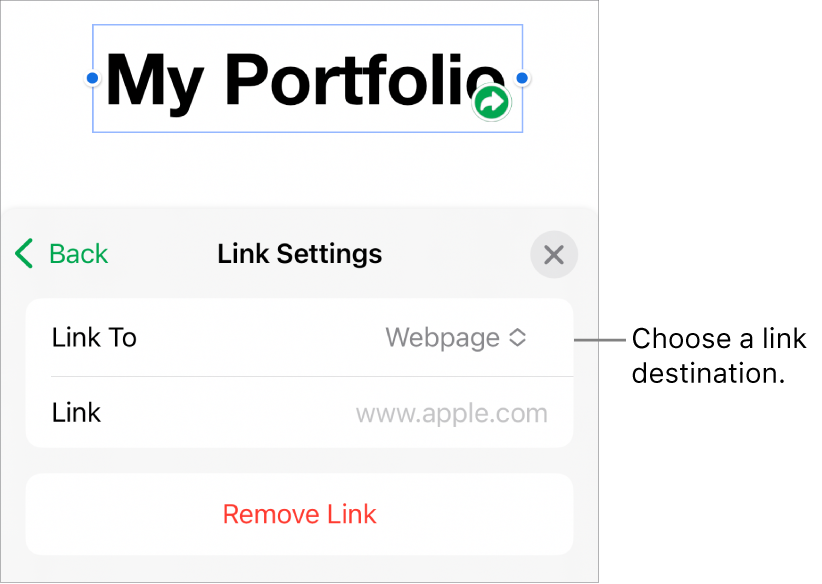 The Link Settings controls with Webpage selected, and the Remove Link button at the bottom.