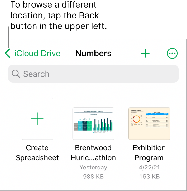 The browse view of the spreadsheet manager with the Back button in the top-left corner and below it a Search field. Below the Search field is a Create Spreadsheet button next to thumbnails of existing spreadsheets. In the top-right corner are the Add button and the More button.