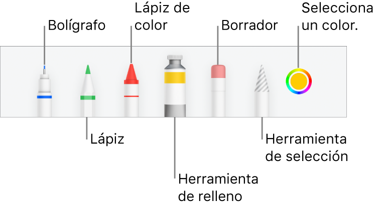La barra de herramientas de dibujo en la app Numbers del iPhone, con un bolígrafo, lápiz, lápiz de color, relleno, borrador, herramienta de selección y paleta de colores, que muestra el color actual.