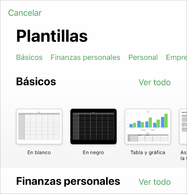 El selector de plantilla, mostrando una fila de categorías a lo largo de la parte superior en la que puedes tocar para filtrar las opciones. Debajo se encuentran las miniaturas de las plantillas prediseñadas ordenadas en filas por categoría.