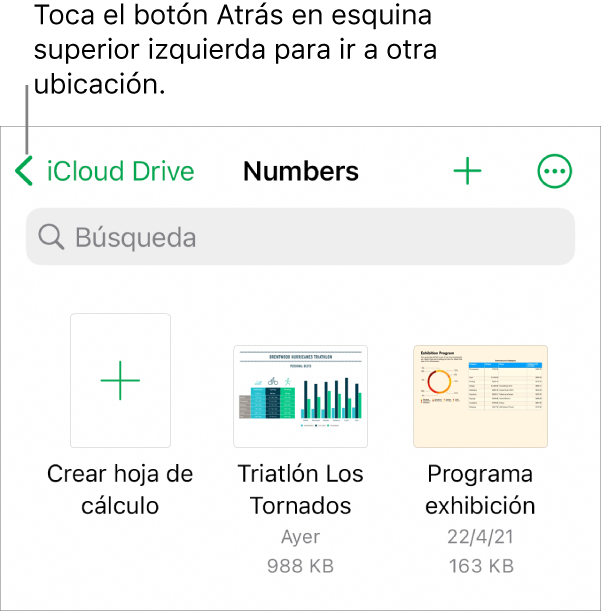 La vista de exploración del gestor de hojas de cálculo con un enlace de ubicación en la esquina superior izquierda y, debajo, un campo de búsqueda. En la esquina superior derecha se encuentran los botones “Añadir hoja de cálculo” y Más. En la parte inferior de la pantalla se encuentran los botones Recientes y Explorar.