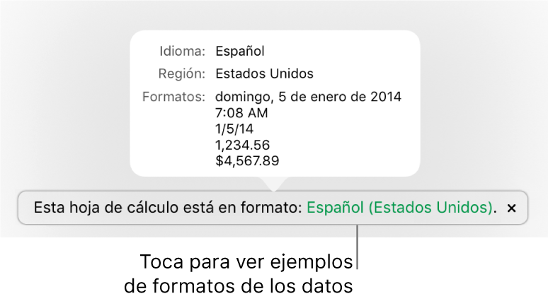 La notificación del ajuste de idioma y formato distinto, con ejemplos del formato en ese idioma y región.