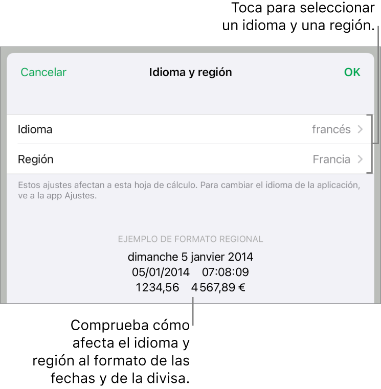 Panel “Idioma y región” con controles para el idioma y la región, y un ejemplo de formato que incluye la fecha, la hora, los decimales y la divisa.