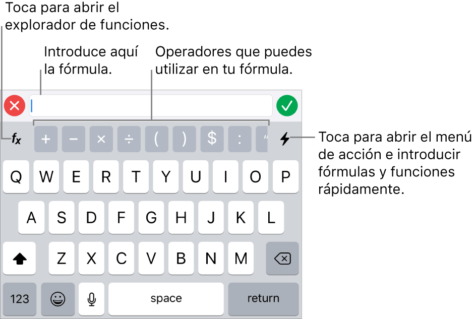 El teclado de fórmulas, con el editor de fórmulas en la parte superior y los operadores que se utilizan en las fórmulas debajo. El botón Funciones para abrir el explorador de funciones se encuentra a la izquierda de los operadores, y el botón de menú Acción se encuentra a la derecha.