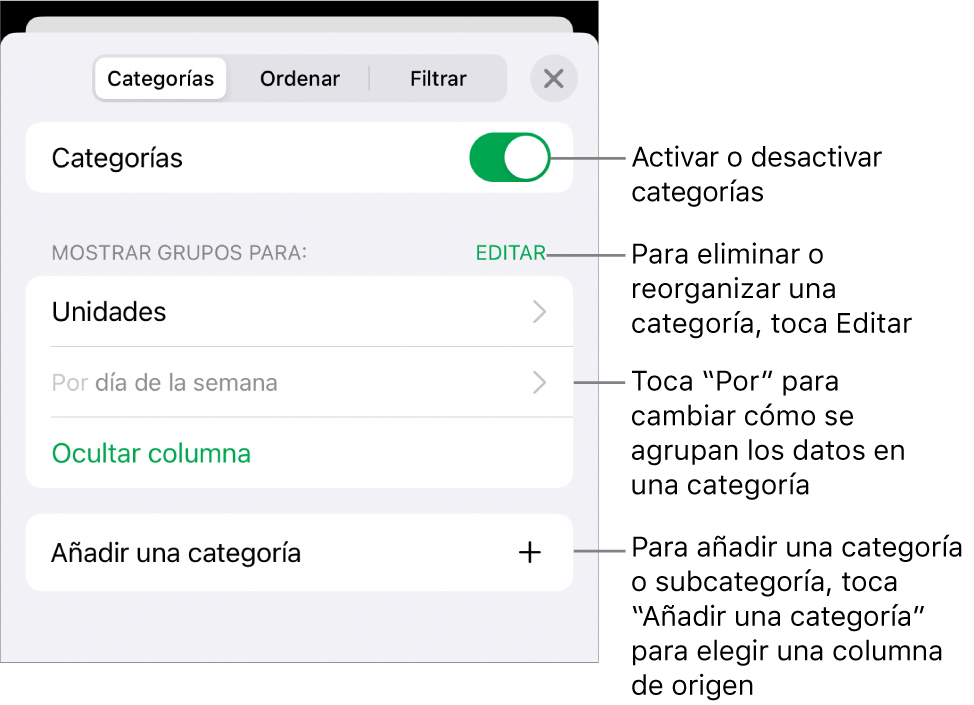 El menú Categorías para iPhone con opciones para desactivar categorías, eliminar categorías, reagrupar datos, ocultar una columna de origen y añadir categorías.
