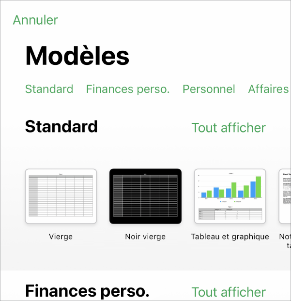 Le sélecteur de modèles affiche en haut une rangée de catégories que vous pouvez toucher pour filtrer les options. En dessous, des vignettes de modèles prédéfinis sont disposées en rangées par catégorie, en commençant en haut par Récents, suivi de Standard. Un bouton « Voir tout » apparaît au-dessus et à droite de la ligne de chacune des catégories.
