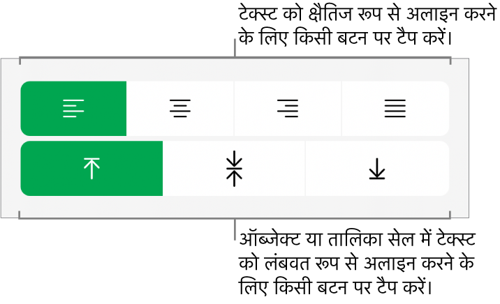 टेक्स्ट के लिए क्षैतिज और लंबवत अलाइनमेंट बटन।