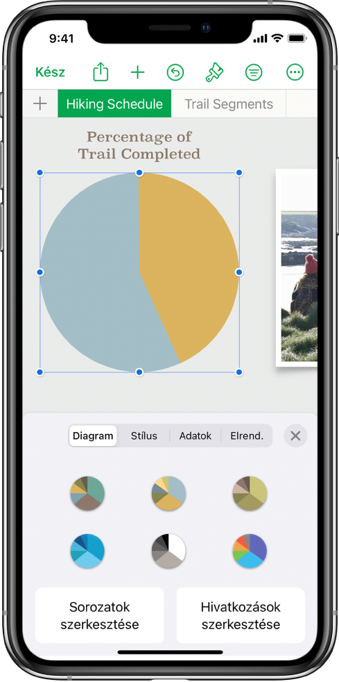 Kördiagram, amelyben a megtett túrákhoz kapcsolódó százalékértékek láthatók. A Formátum menü is meg van nyitva, ebben a különböző választható diagramstílusok, a sorozatok és diaramhivatkozások szerkesztése, illetve a diagramcím be- vagy kikapcsolása lehetőségek láthatók.