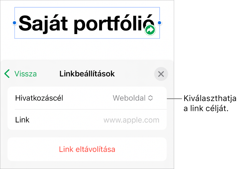 A Linkbeállítások vezérlői a kijelölt Weboldal elemmel, illetve az alul megjelenő Link eltávolítása gombbal.