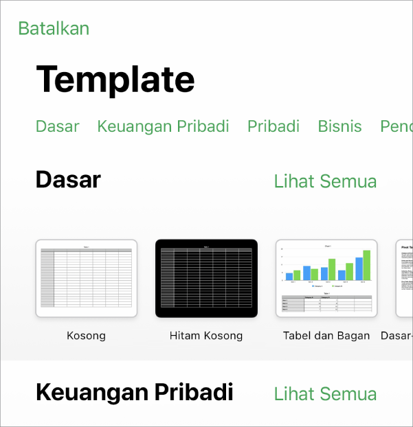 Pemilih template, menampilkan baris kategori di sepanjang bagian atas yang dapat Anda ketuk untuk memfilter pilihan. Di bawah adalah gambar mini template yang dirancang sebelumnya yang diatur menurut kategori, dimulai dengan Terbaru di bagian atas dan diikuti oleh Dasar. Tombol Lihat Semua muncul di atas dan di sebelah kanan setiap baris kategori.