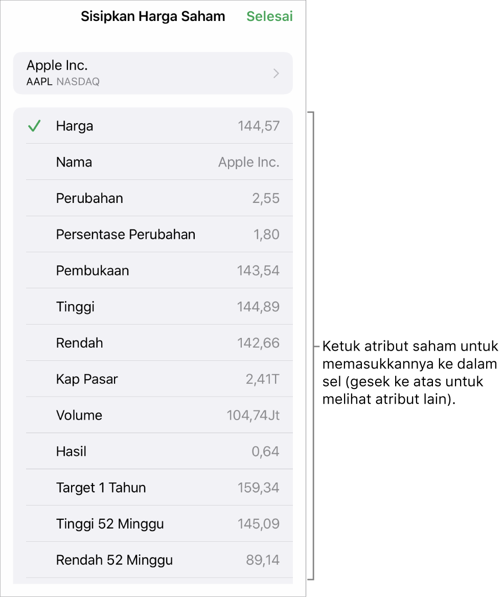 Popover harga saham, dengan nama saham di bagian atas, dan atribut saham yang dapat dipilih meliputi harga, nama, perubahan, persentase perubahan, dan pembukaan dicantumkan di bawah.
