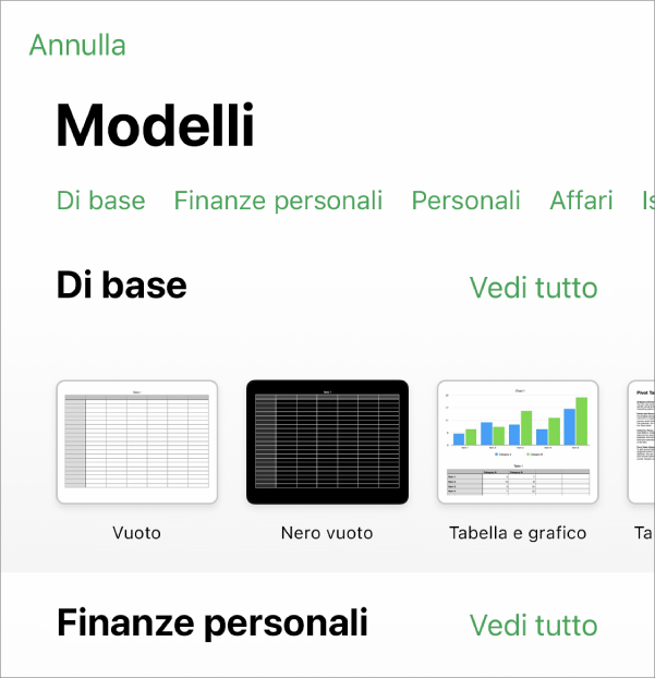 “Scelta modelli”, in cui è visibile una riga di categorie nella parte superiore dello schermo che puoi toccare per filtrare le opzioni. Sotto si trovano miniature dei modelli con design predefinito, ordinati in righe per categoria.