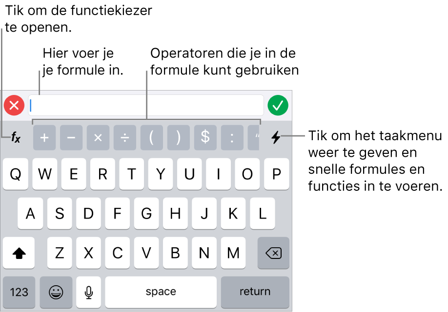 Het formuletoetsenbord, met de formule-editor bovenaan en eronder de operatoren die kunnen worden gebruikt in formules. De knop 'Functies' om de functiekiezer te openen staat links van de operatoren en de taakmenuknop staat rechts.