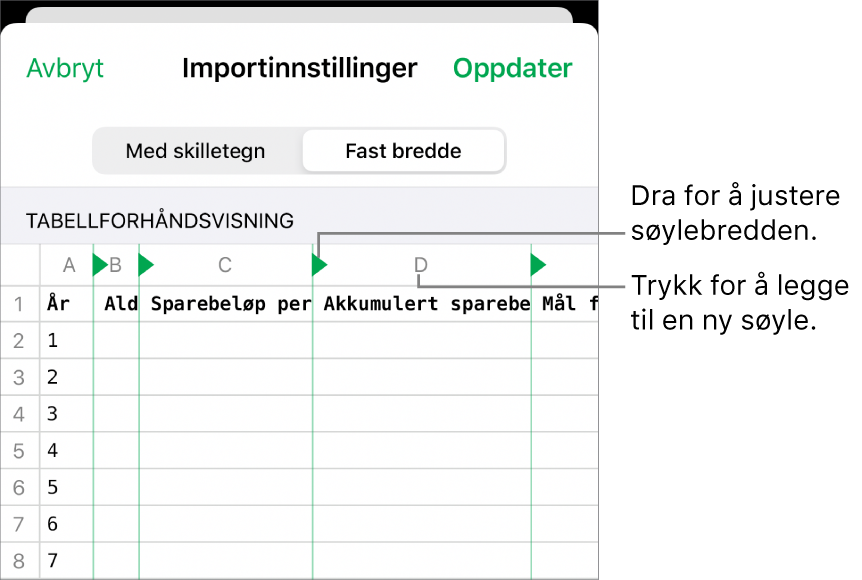 Importinnstillingene for en tekstfil med fast bredde.