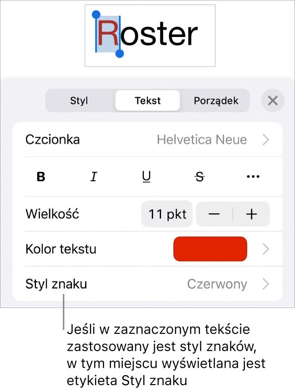 Narzędzia formatowania tekstu oraz menu stylów znaków widoczne poniżej narzędzi koloru. Styl znaków Brak wyświetlany jest z gwiazdką.