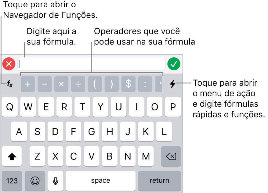 O teclado de fórmulas com o editor de fórmulas acima e os operadores utilizados nas fórmulas, abaixo. O botão Funções, para abrir o Navegador de Funções, está à esquerda dos operadores e o botão Ação do menu está à direita.