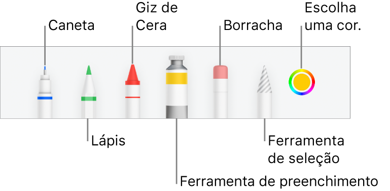 Barra de ferramentas de desenho no Numbers do iPhone com caneta, lápis, giz de cera, ferramenta de preenchimento, borracha, ferramenta de seleção e quadro de cores mostrando a cor atual.